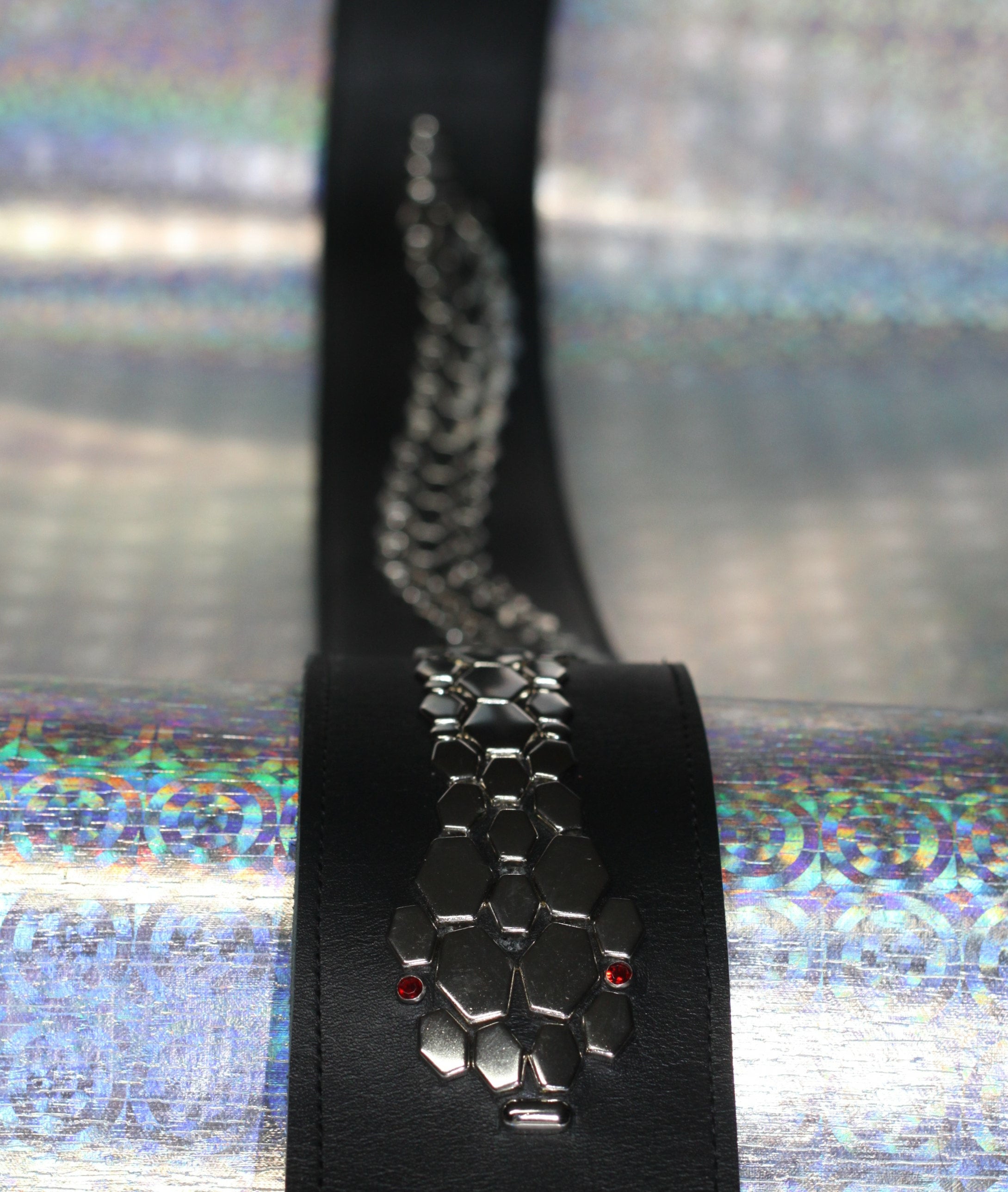 Black leather Snake pattern studded guitar strap