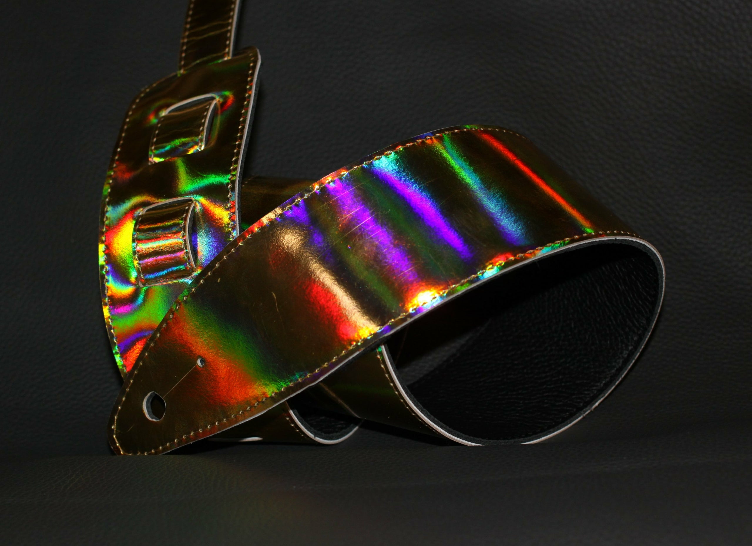 Golden Holographic leather guitar strap