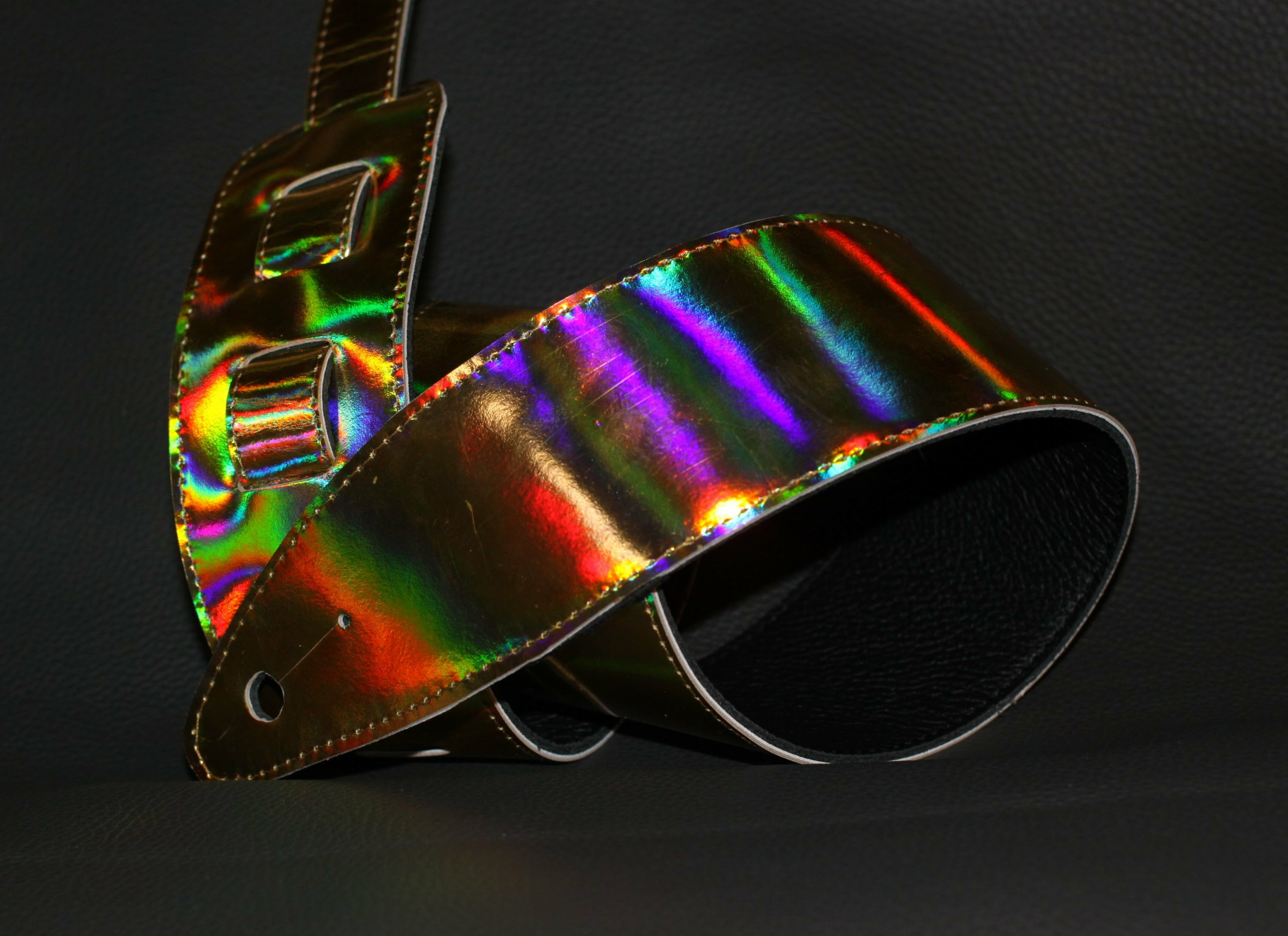 Golden Holographic leather guitar strap