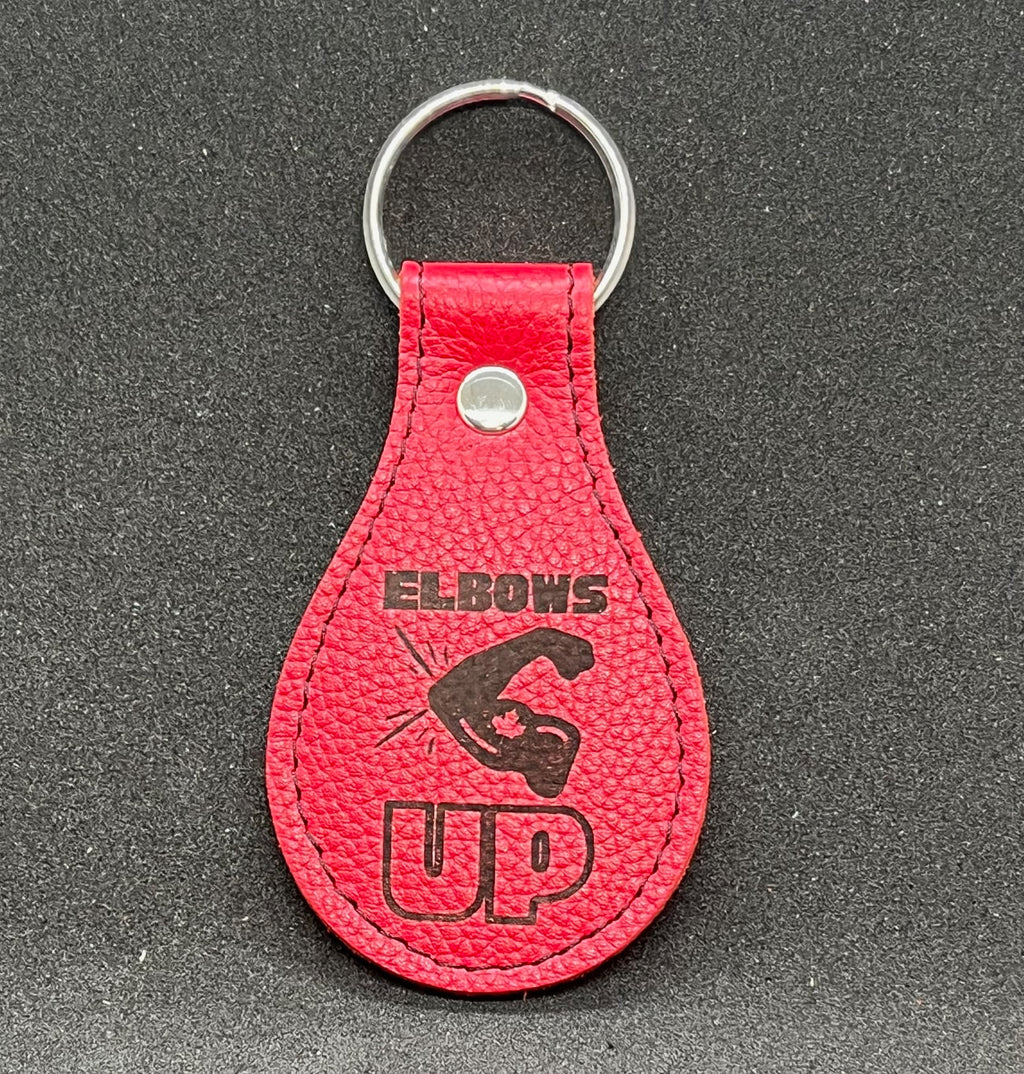 "Elbows Up" red leather keychain