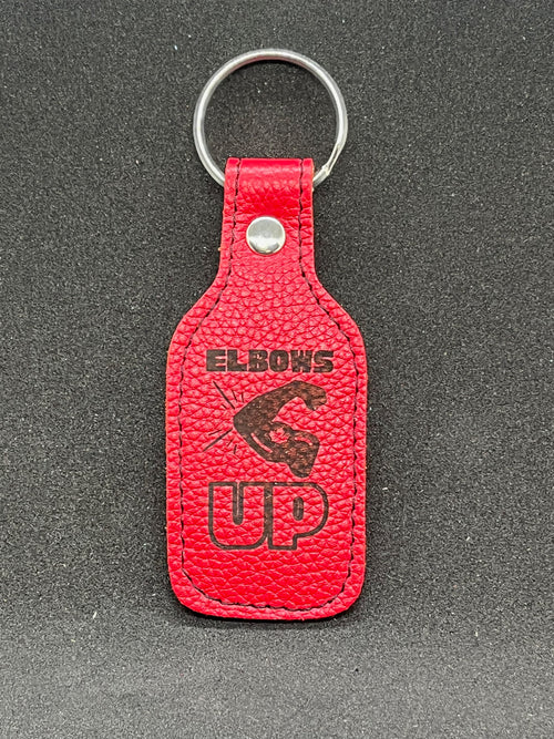 "Elbows Up" red leather keychain
