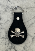 Skull and Cross Bones Black Leather Keychain